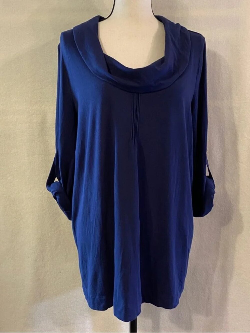 Soft Surroundings navy blue rolled sleeve cowl neck tunic top